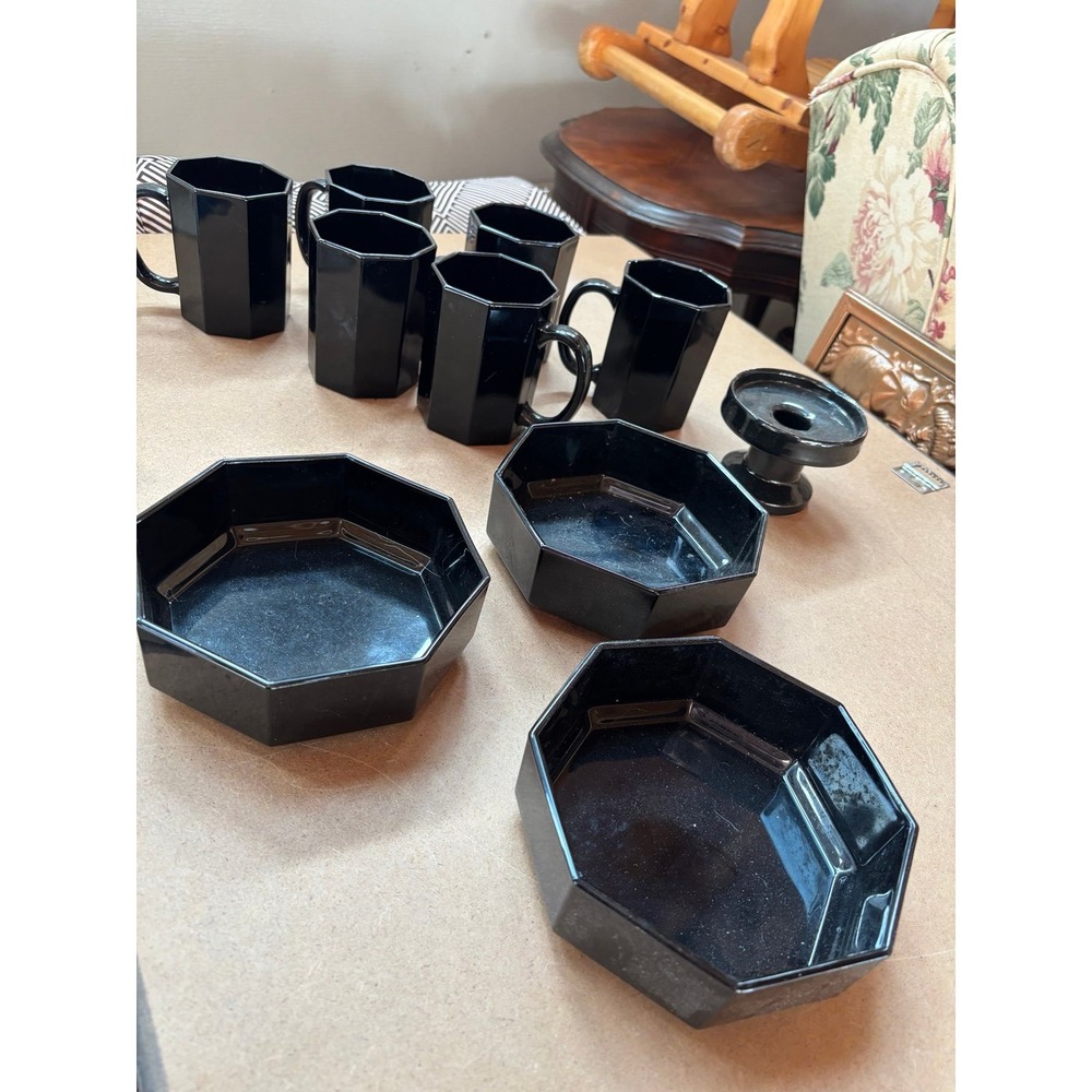 Black Octagonal Mug Lot, Multiple Pieces - Unmarked France Black Octagon Mugs